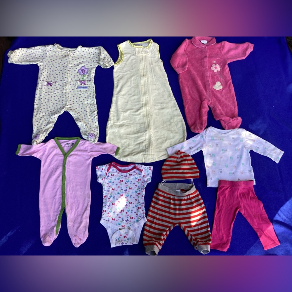 9 Ps baby girls clothing--bodysuit/sleeping bag/onesie/hat/pants
